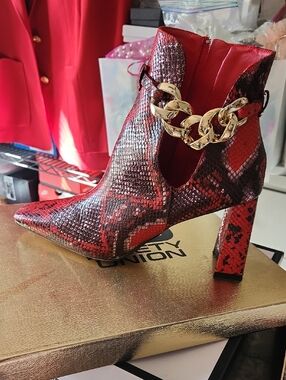 Red Snake-Print High Heel Ankle Boot with Gold Chain Accent